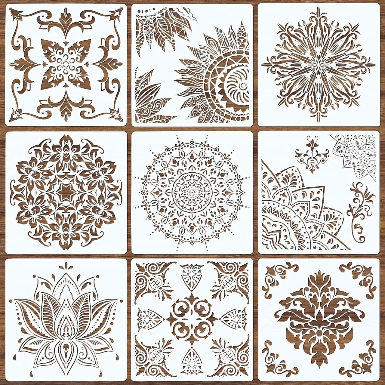 9-Pack Large Mandala Stencils (12x12 in) – Reusable Laser-Cut Painting Templates for DIY Crafts on Walls, Wood, Floors, Tiles, Fabric & Furniture